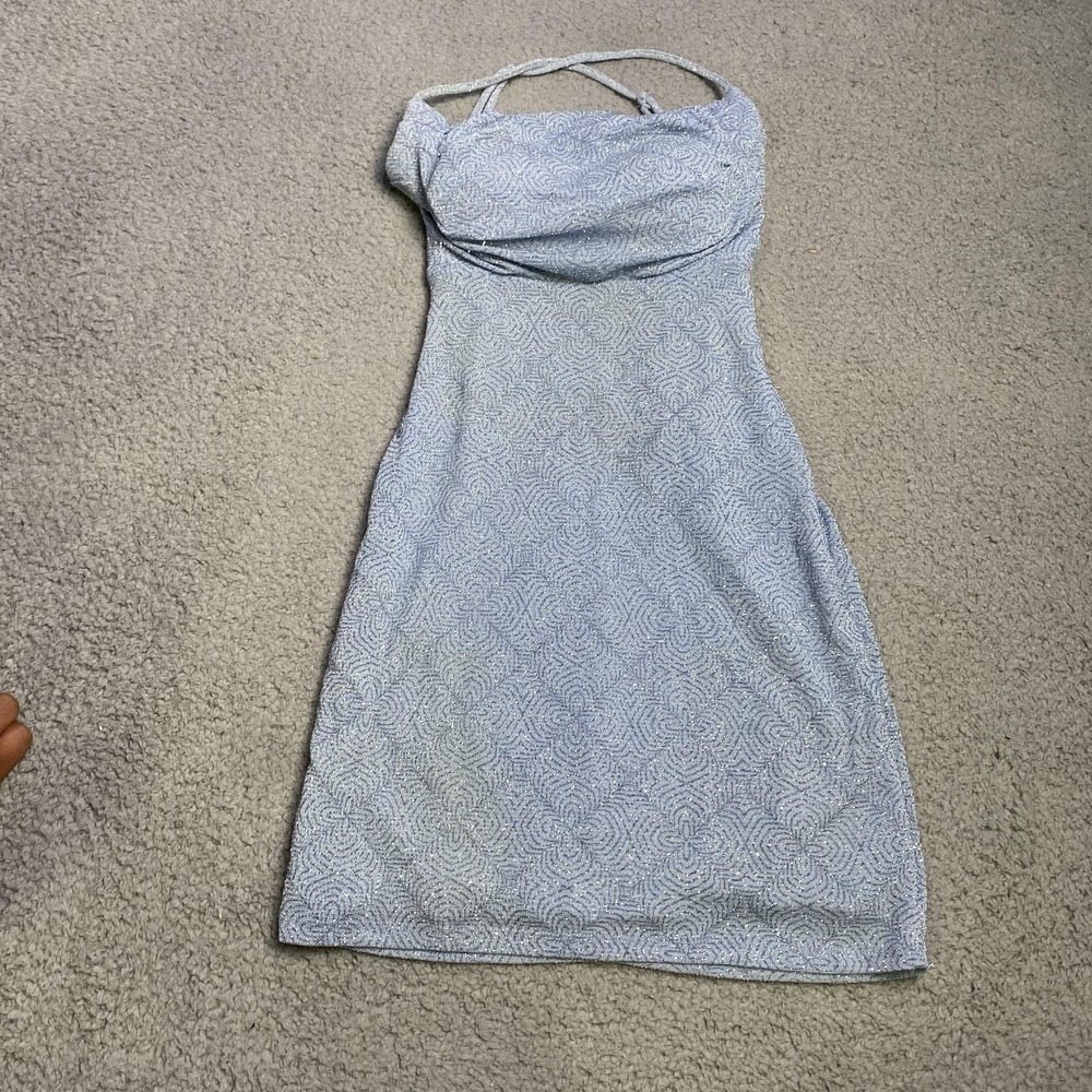 B.‎ Darlin Dress Womens 1/2 Blue Glitter Sparkle Bodycon Mini Criss Cross Back